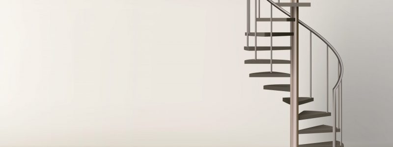 Spiral staircase in empty home interior with clean wall and floor, metal helical round ladder on pillar with tube railings and wooden stairs. Modern room design. Realistic 3d vector illustration